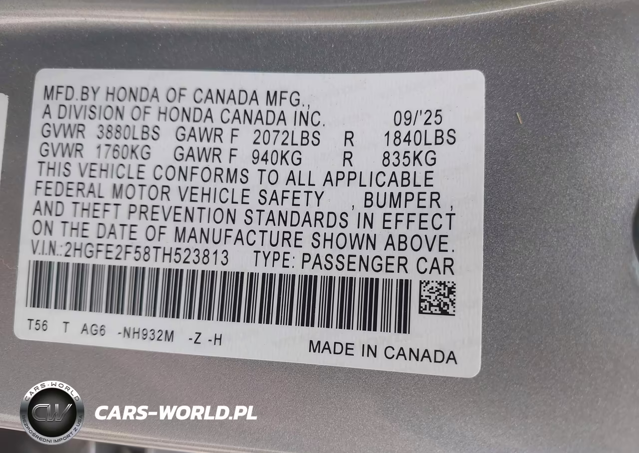 2026 Honda Civic Sport VIN:2HGFE2F58TH523813 - 9