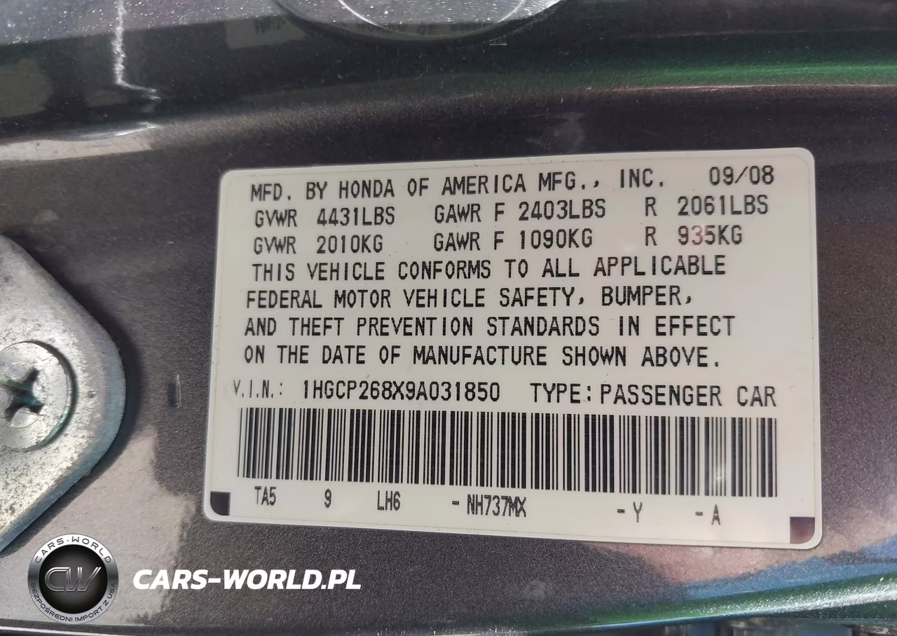 2009 Honda Accord 2.4 Ex-L VIN:1HGCP268X9A031850 - 9