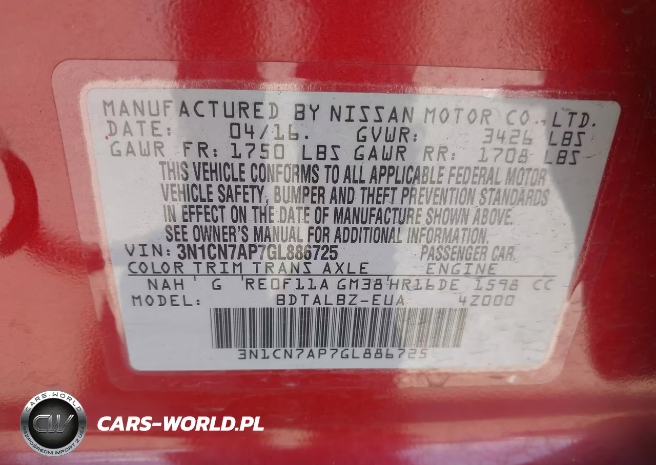 2016 Nissan Versa 1.6 S-1.6 S+-1.6 Sl-1.6 Sv VIN:3N1CN7AP7GL886725 - 9
