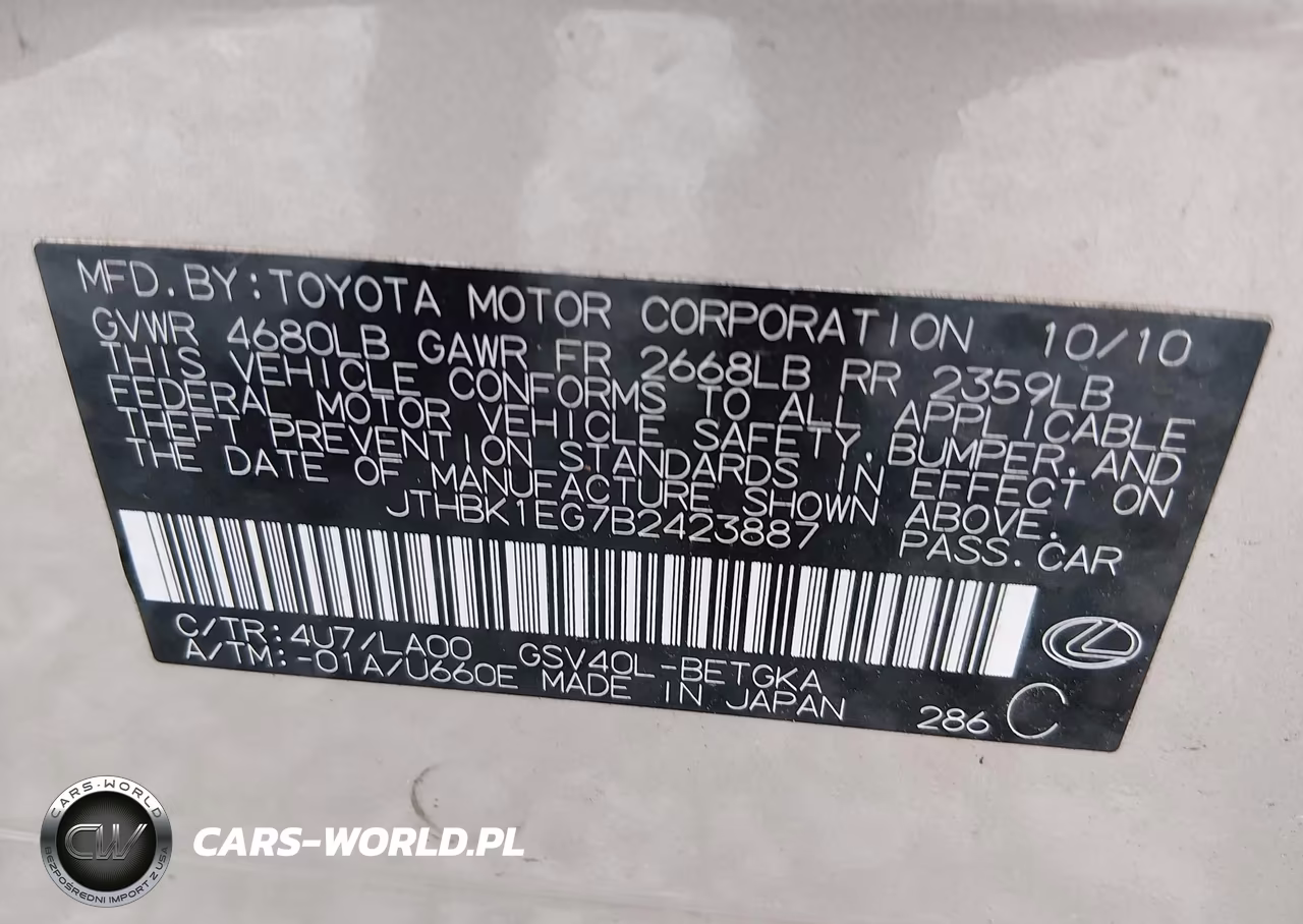 2011 Lexus Es 350 VIN:JTHBK1EG7B2423887 - 9
