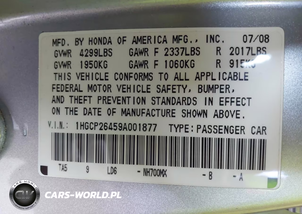 2009 Honda Accord 2.4 Lx-P VIN:1HGCP26459A001877 - 9