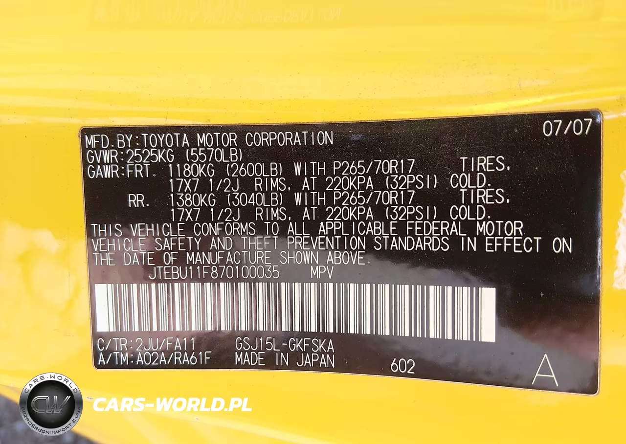 2007 Toyota Fj Cruiser VIN:JTEBU11F870100035 - 9