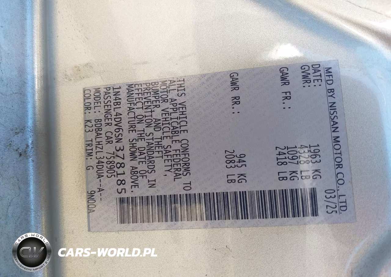 2025 Nissan Altima Sv Fwd VIN:1N4BL4DV6SN378185 - 9