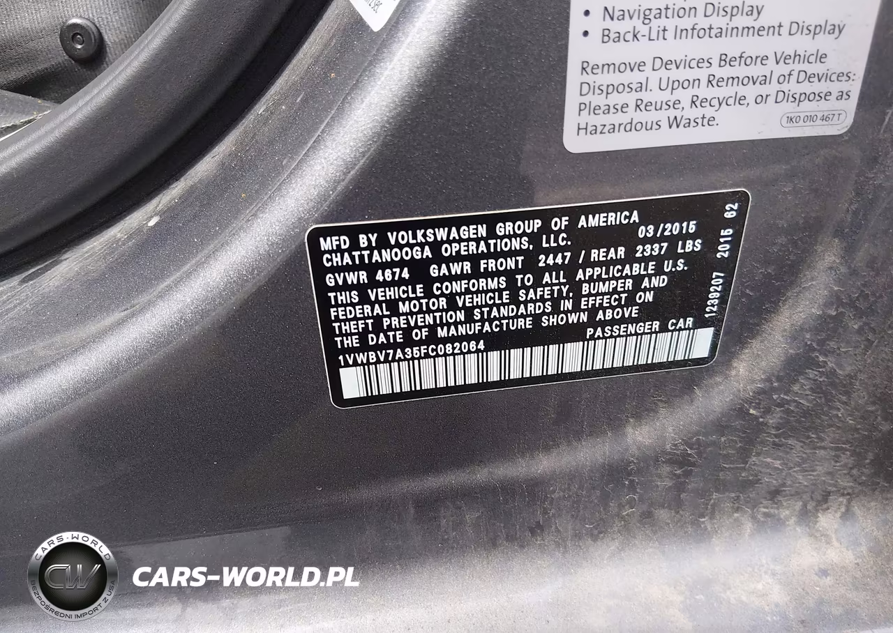 2015 Volkswagen Passat 2.0L Tdi Se VIN:1VWBV7A35FC082064 - 9