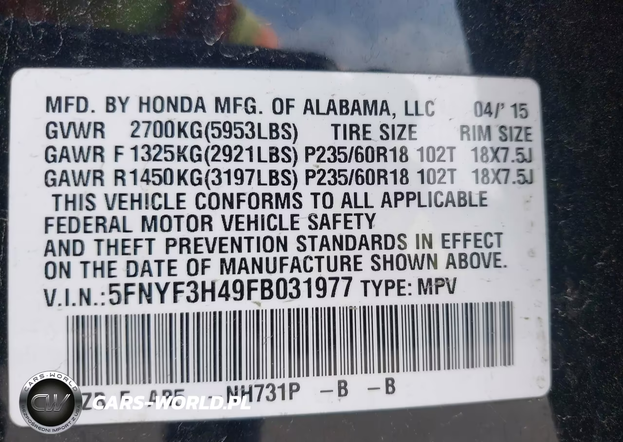 2015 Honda Pilot Ex VIN:5FNYF3H49FB031977 - 9