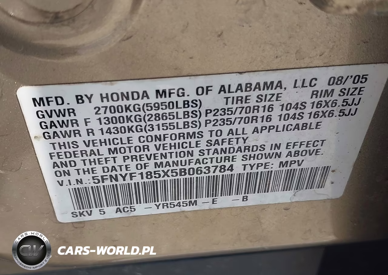 2005 Honda Pilot Ex-L VIN:5FNYF185X5B063784 - 9