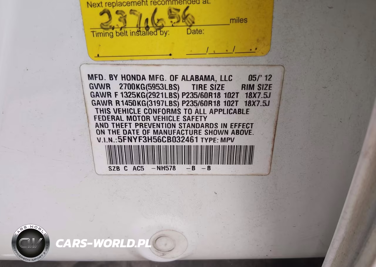 2012 Honda Pilot Ex-L VIN:5FNYF3H56CB032461 - 9