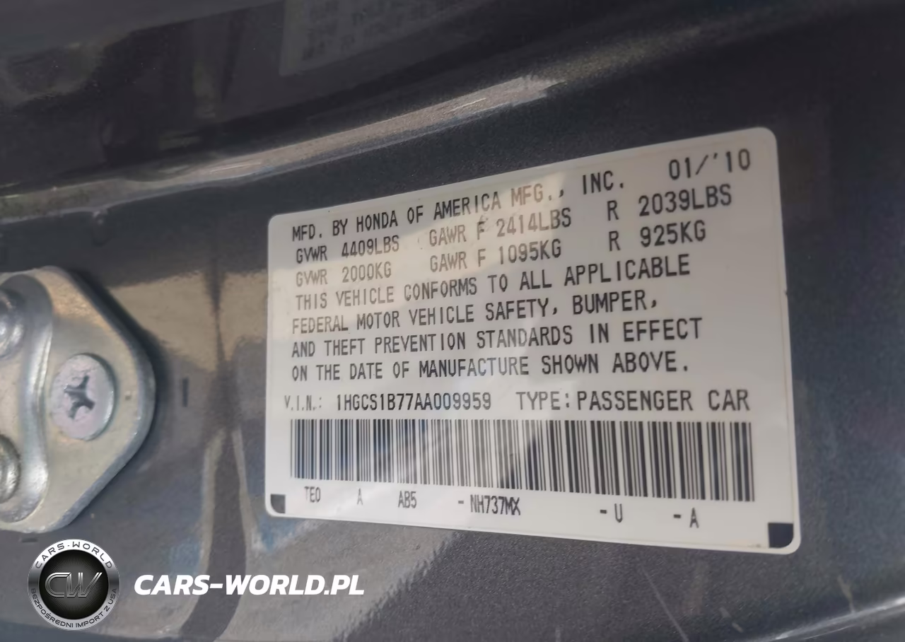 2010 Honda Accord 2.4 Ex VIN:1HGCS1B77AA009959 - 9
