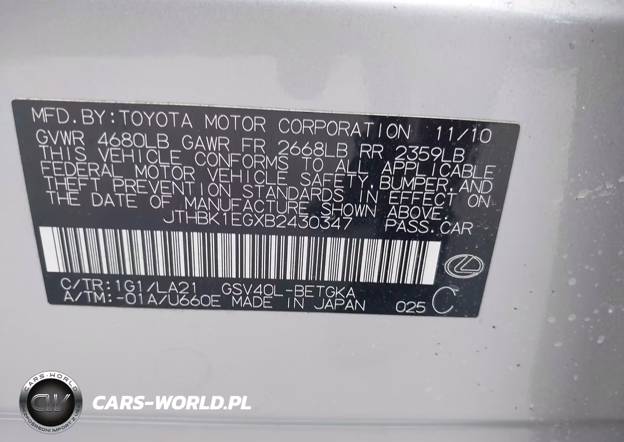 2011 Lexus Es 350 VIN:JTHBK1EGXB2430347 - 9