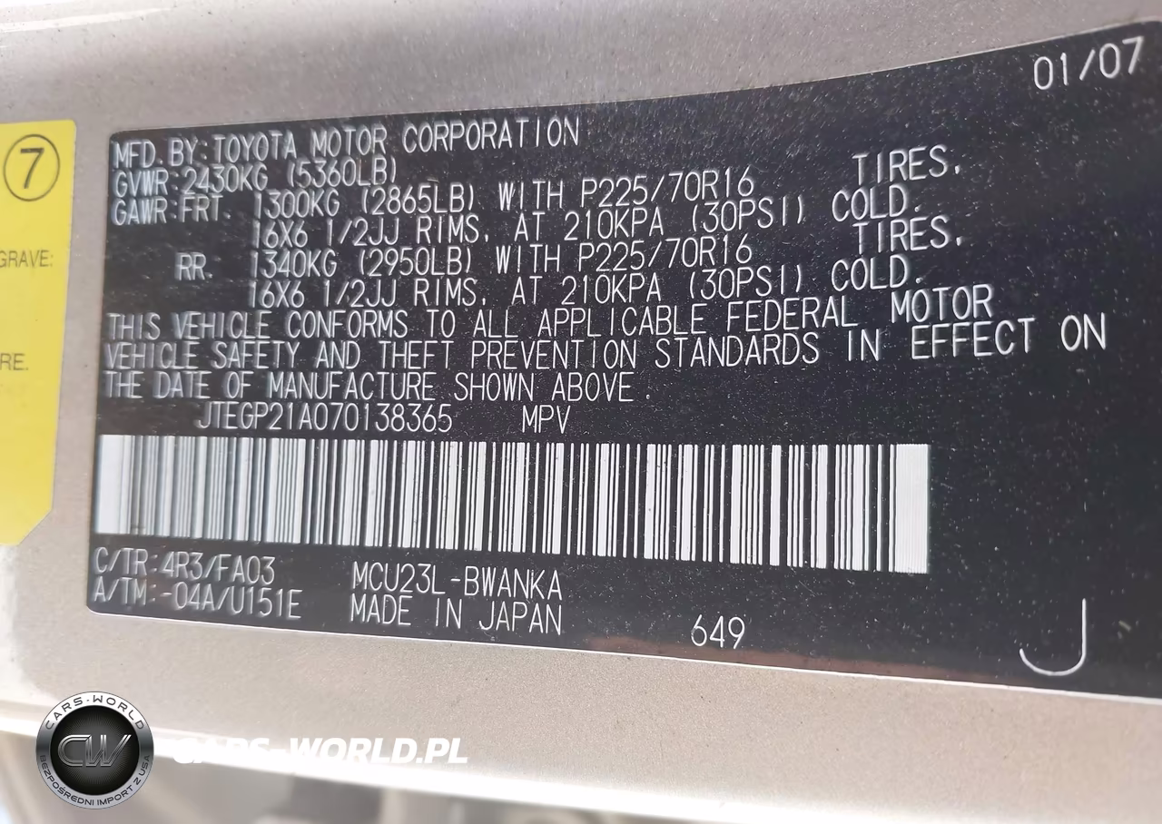 2007 Toyota Highlander V6 (2 Rows) (A5) VIN:JTEGP21A070138365 - 9