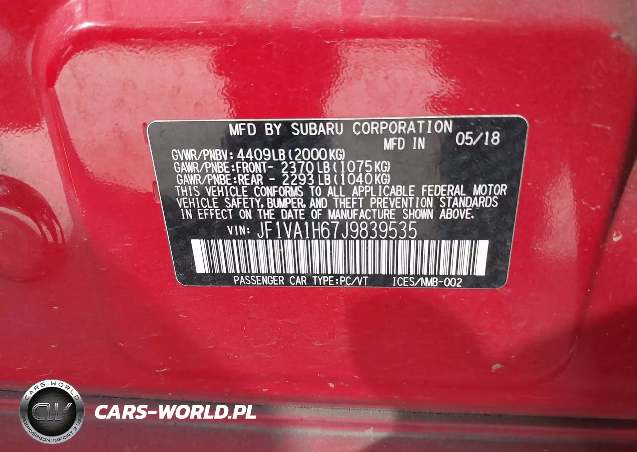 2018 Subaru Wrx Limited VIN:JF1VA1H67J9839535 - 9