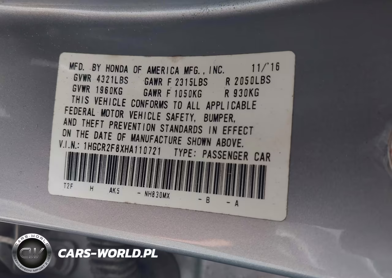 2017 Honda Accord Ex-L VIN:1HGCR2F8XHA110721 - 9
