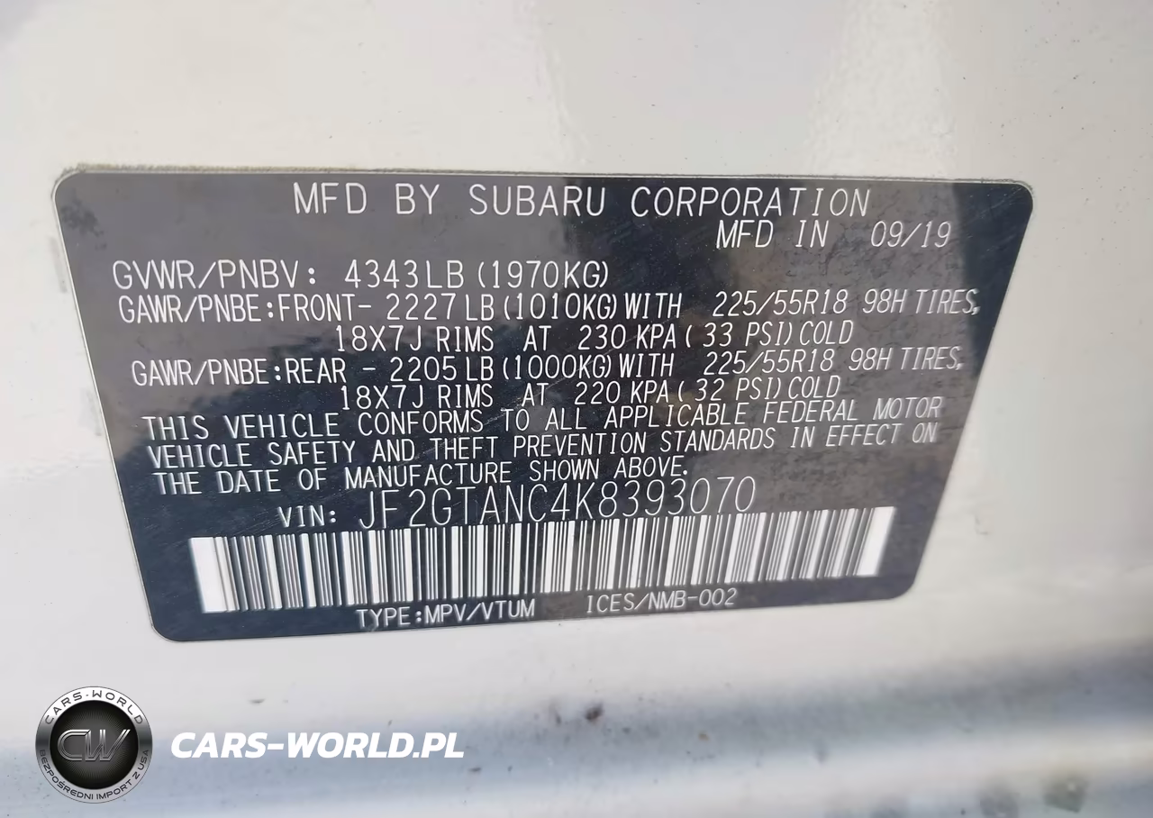 2019 Subaru Crosstrek 2.0I Limited VIN:JF2GTANC4K8393070 - 9