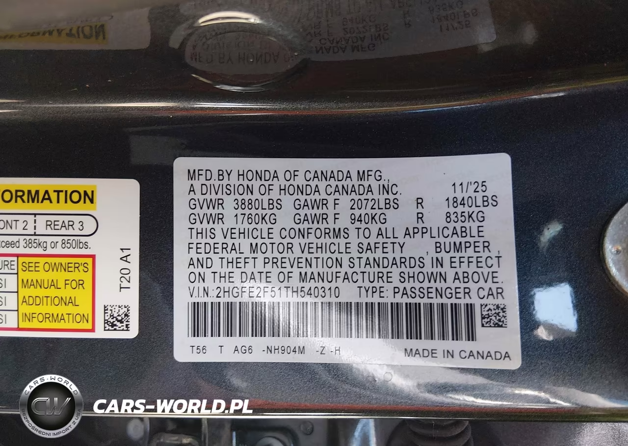 2026 Honda Civic Sport VIN:2HGFE2F51TH540310 - 9