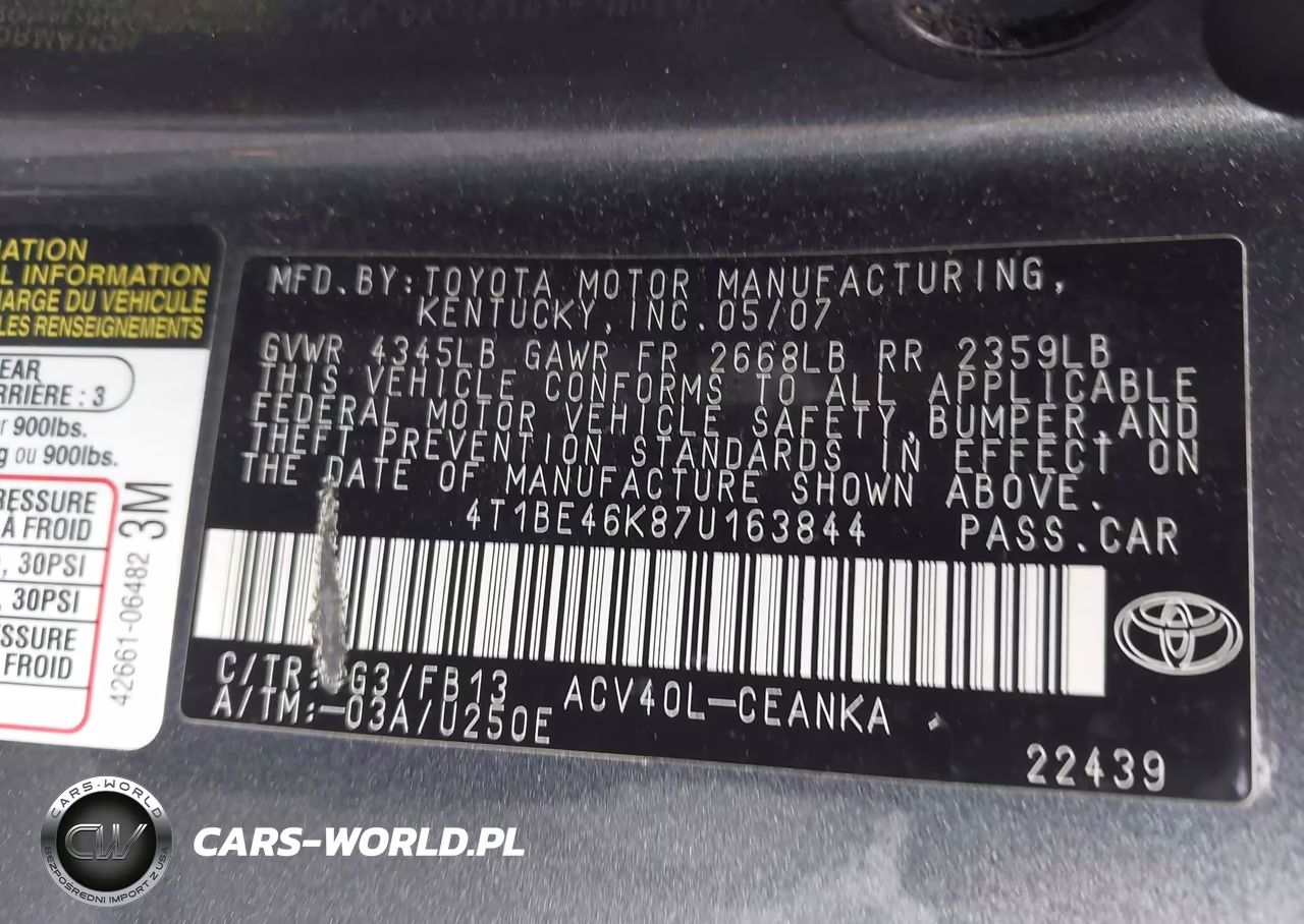 2007 Toyota Camry Le VIN:4T1BE46K87U163844 - 9