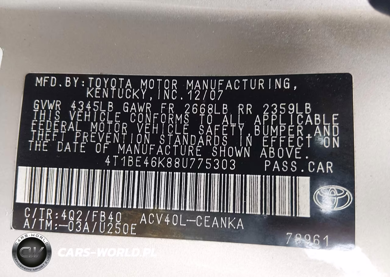 2008 Toyota Camry Le VIN:4T1BE46K88U775303 - 9
