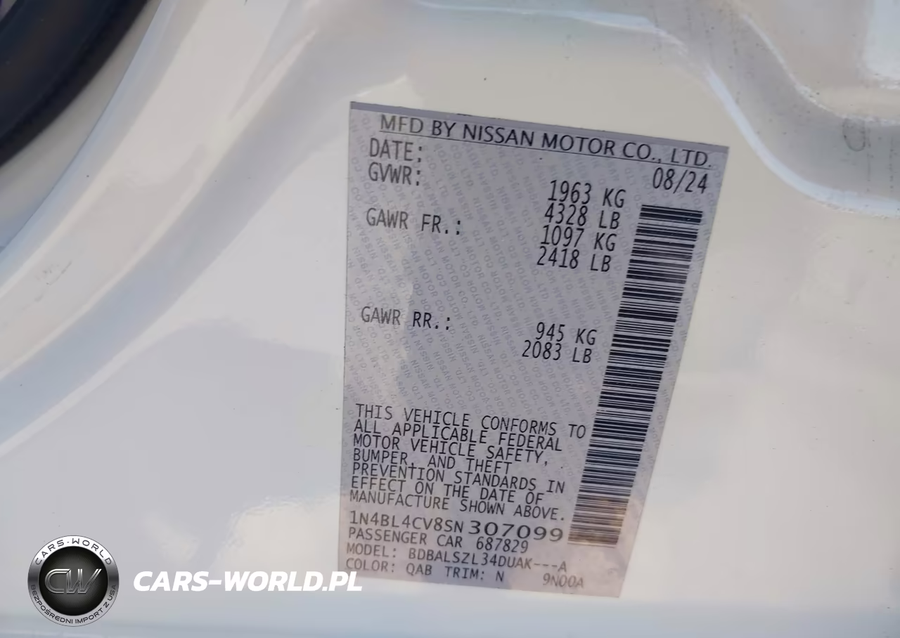 2025 Nissan Altima Sr Fwd VIN:1N4BL4CV8SN307099 - 9