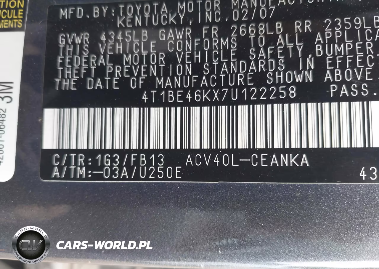 2007 Toyota Camry Le VIN:4T1BE46KX7U122258 - 9