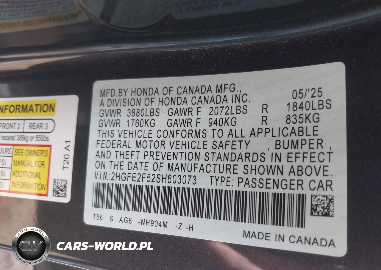 2025 Honda Civic Sport VIN:2HGFE2F52SH603073 - 9