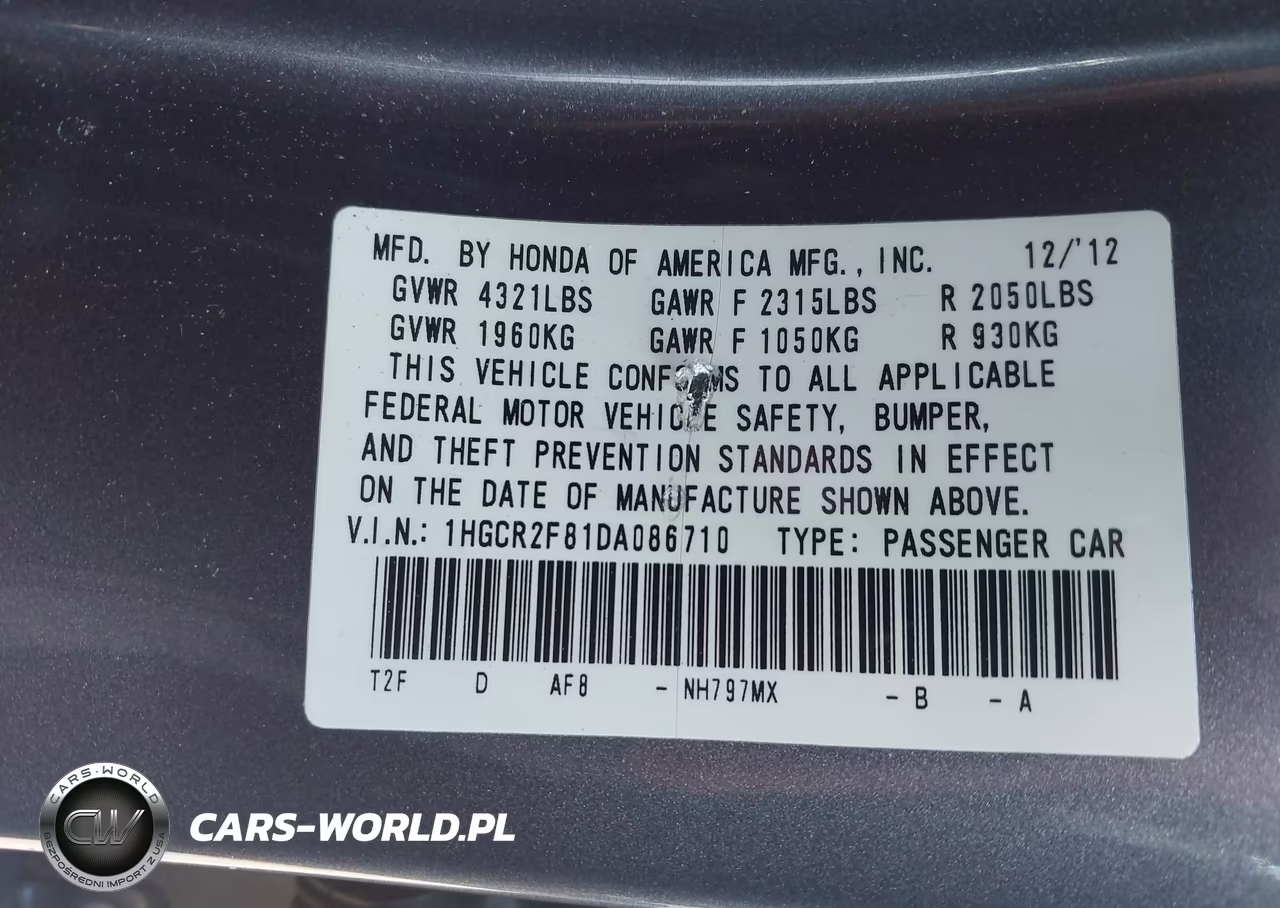 2013 Honda Accord Ex-L VIN:1HGCR2F81DA086710 - 9