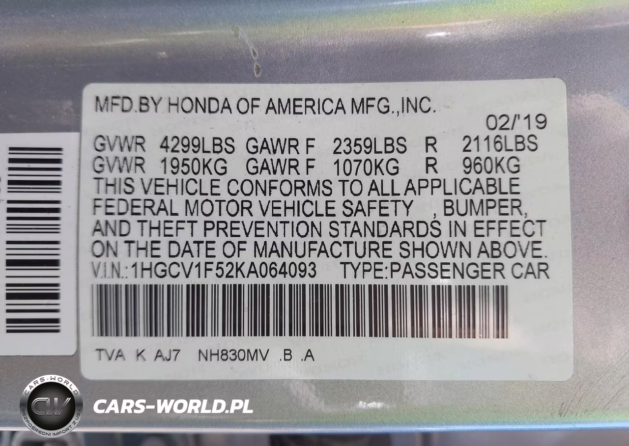 2019 Honda Accord Ex-L 1.5T VIN:1HGCV1F52KA064093 - 9