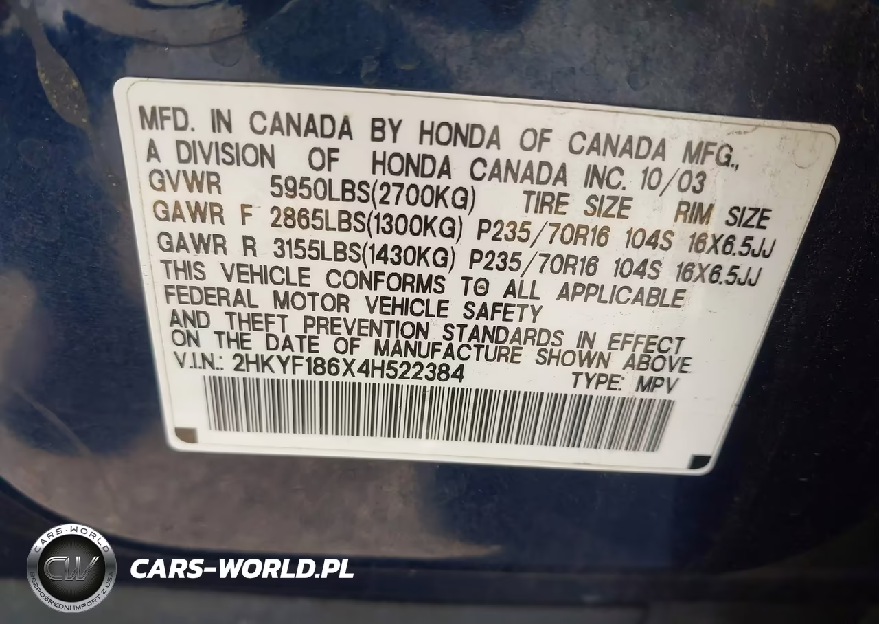 2004 Honda Pilot Ex-L VIN:2HKYF186X4H522384 - 9