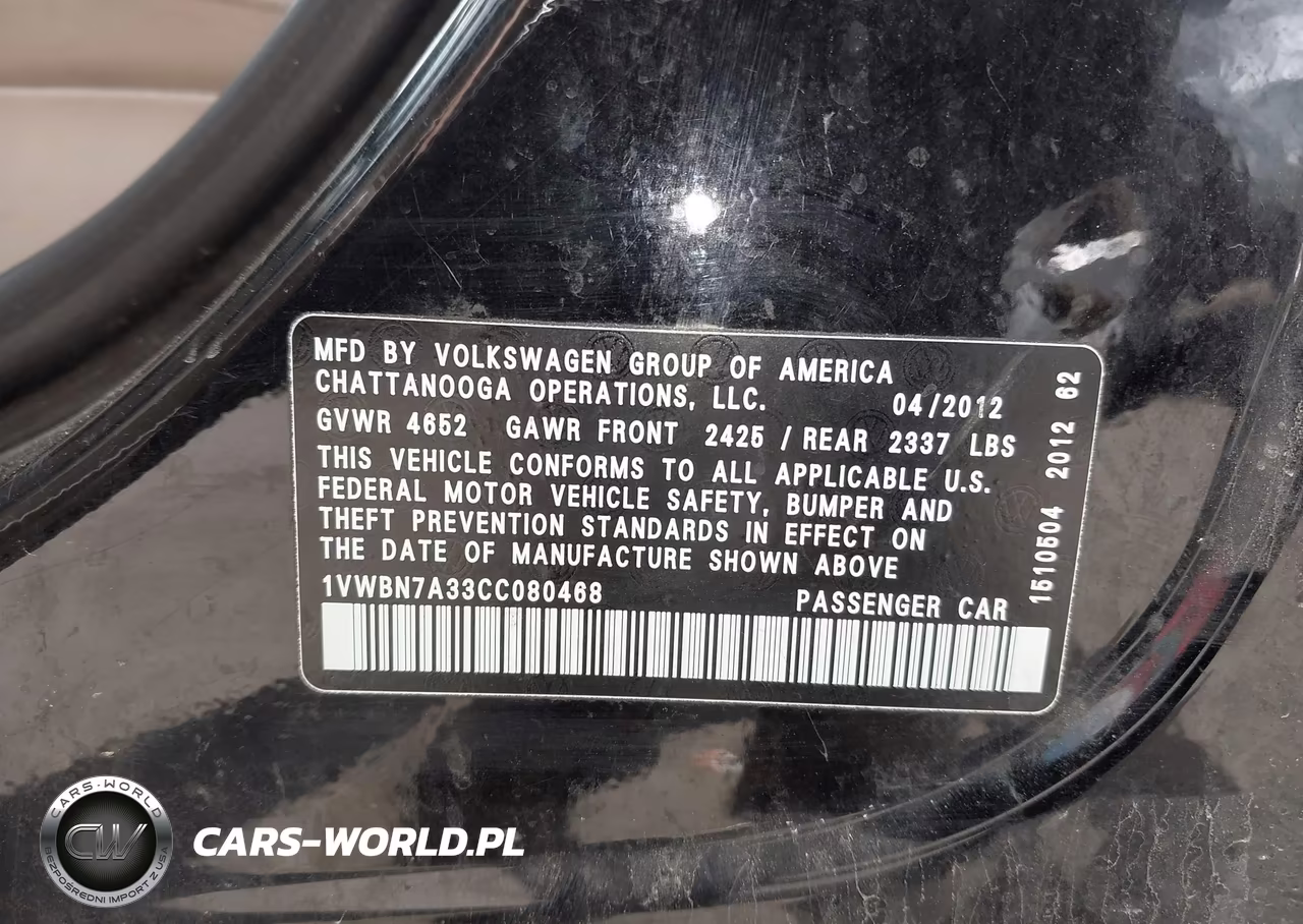 2012 Volkswagen Passat 2.0L Tdi Se VIN:1VWBN7A33CC080468 - 9
