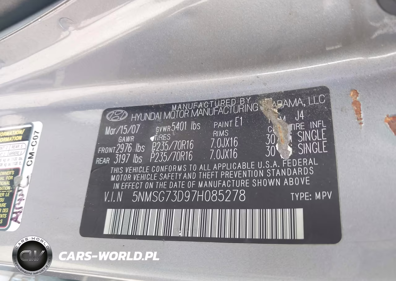 2007 Hyundai Santa Fe Gls VIN:5NMSG73D97H085278 - 9
