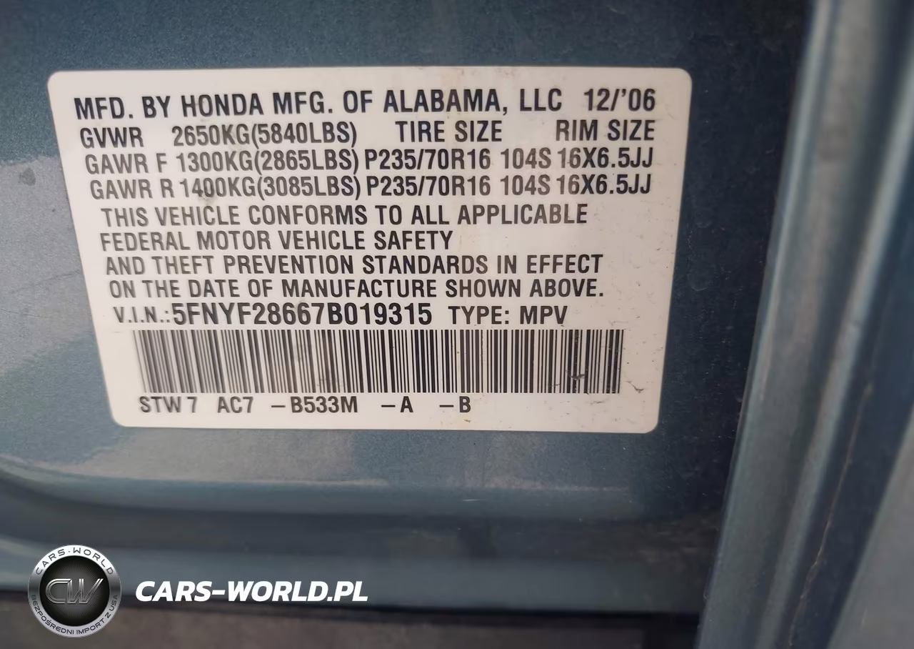 2007 Honda Pilot Ex-L VIN:5FNYF28667B019315 - 9