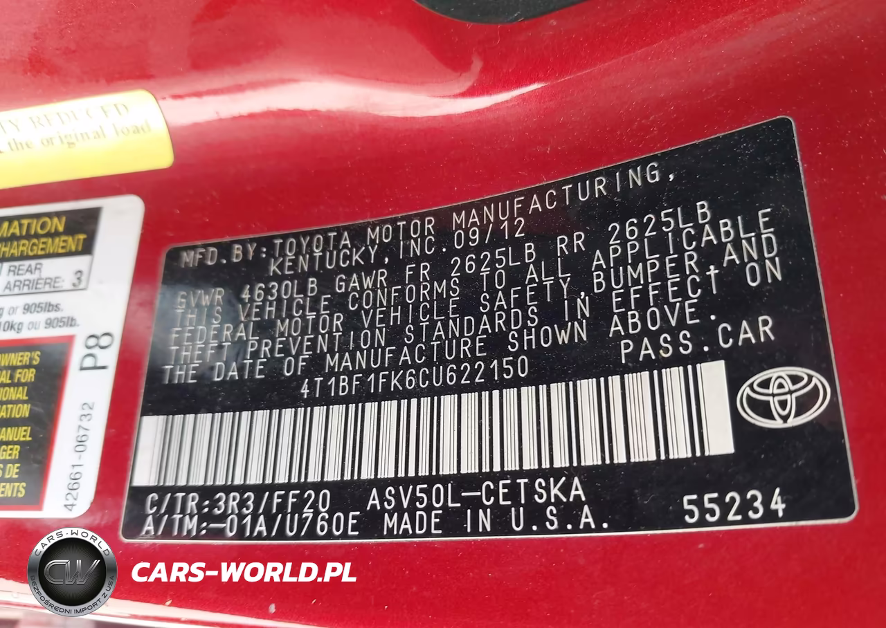 2012 Toyota Camry Se Limited Edition VIN:4T1BF1FK6CU622150 - 9