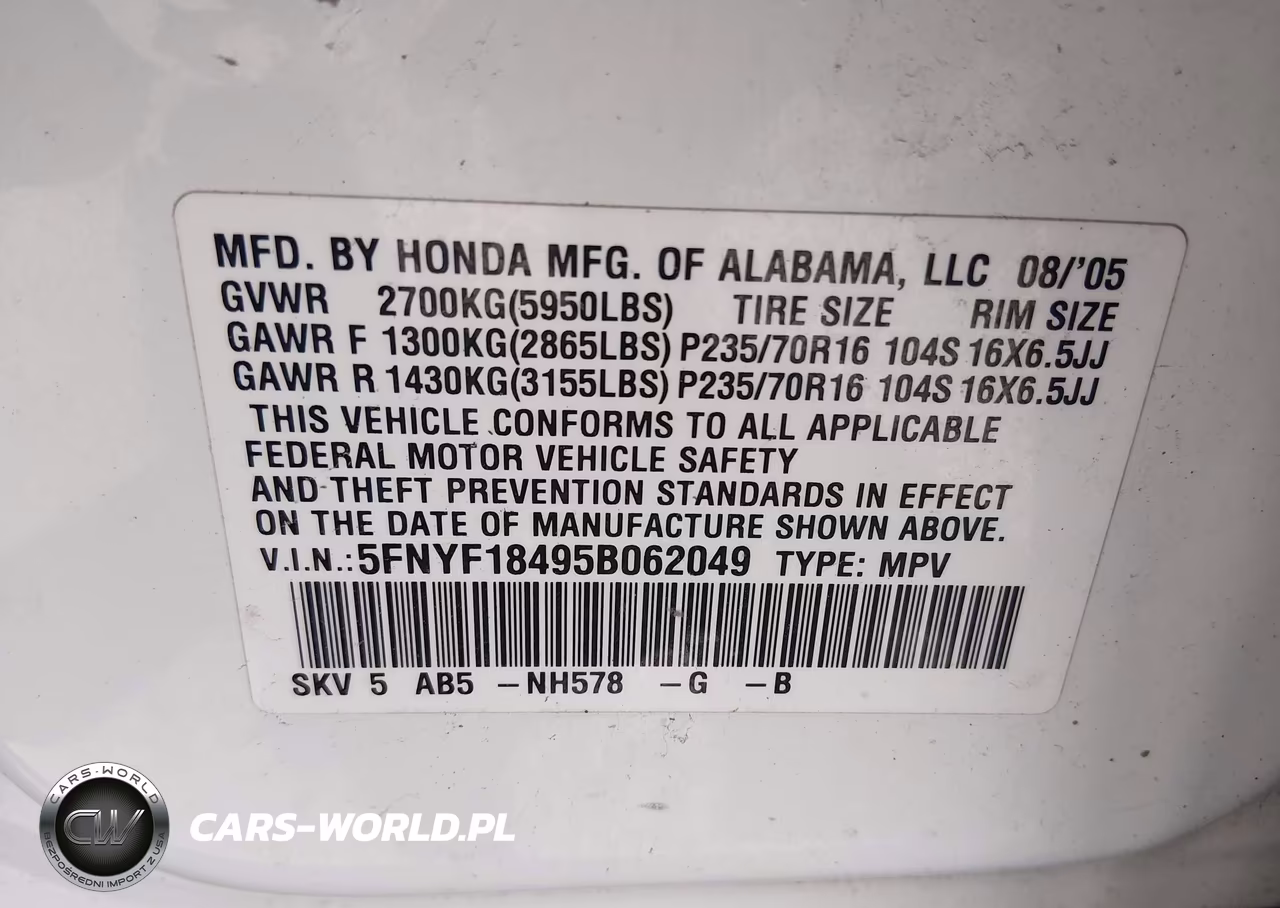 2005 Honda Pilot Ex VIN:5FNYF18495B062049 - 9