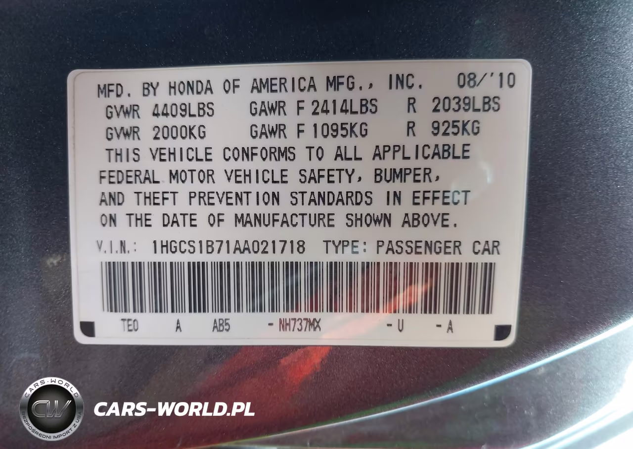 2010 Honda Accord 2.4 Ex VIN:1HGCS1B71AA021718 - 9