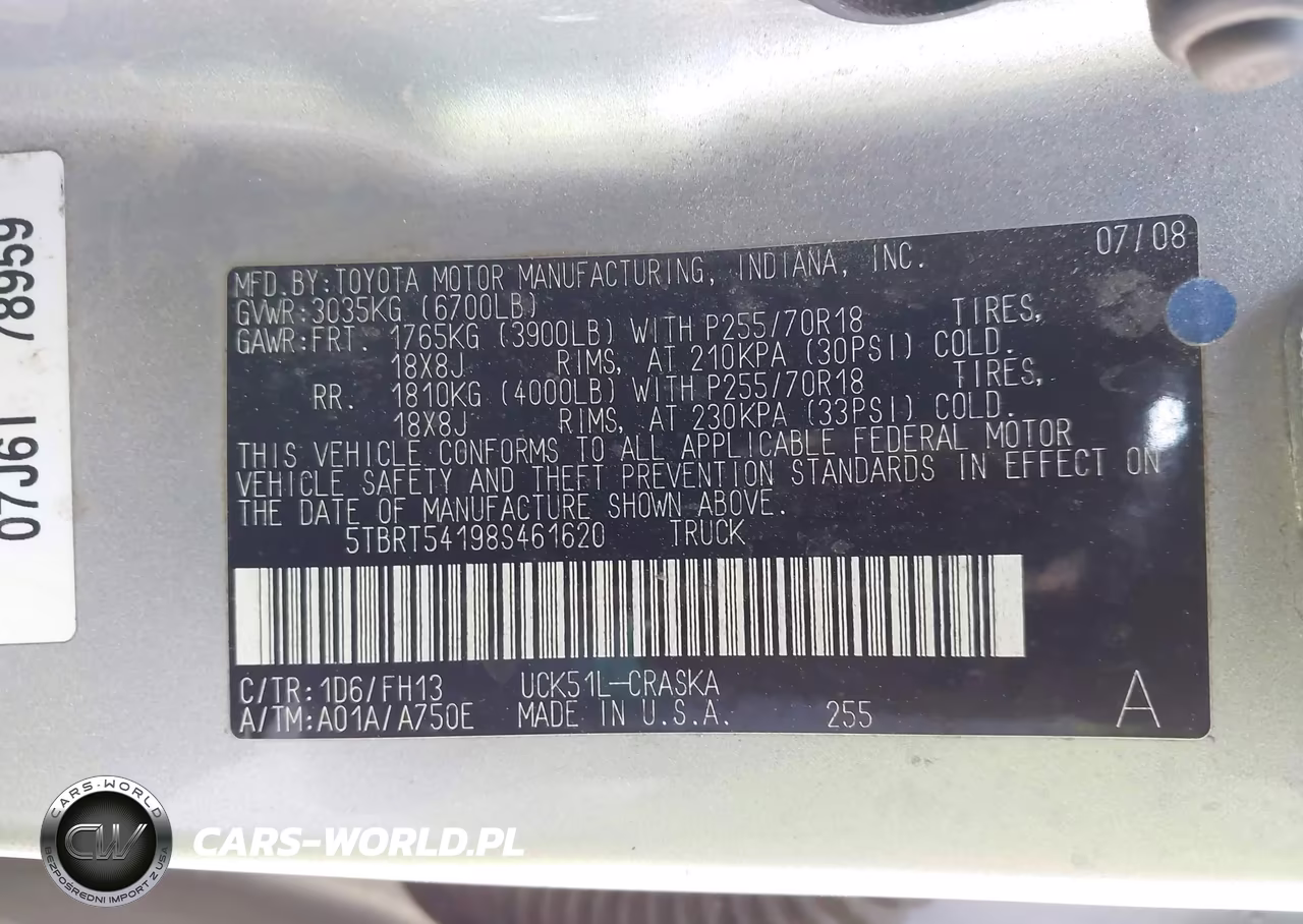2008 Toyota Tundra Base 4.7L V8 VIN:5TBRT54198S461620 - 9