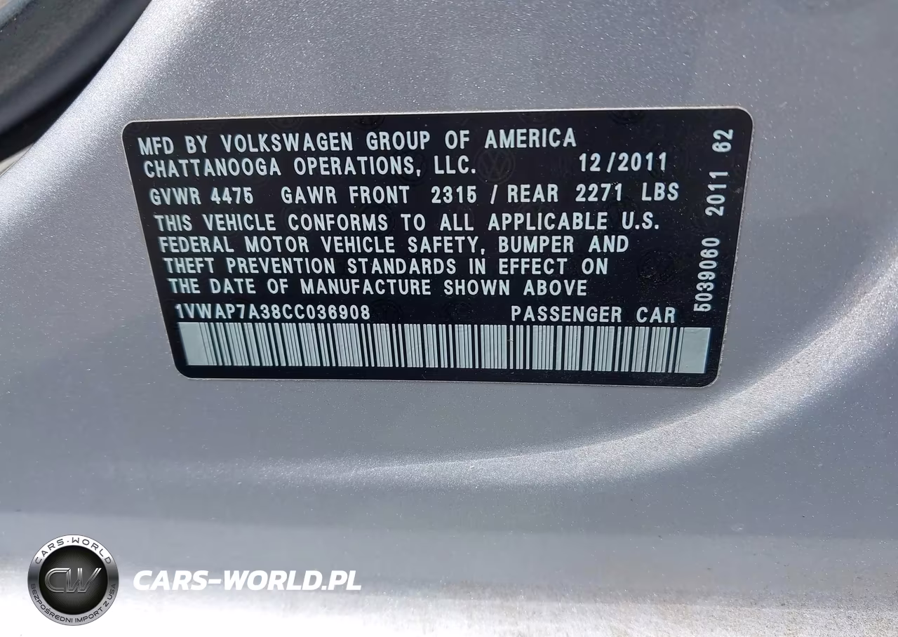 2012 Volkswagen Passat 2.5L S VIN:1VWAP7A38CC036908 - 9