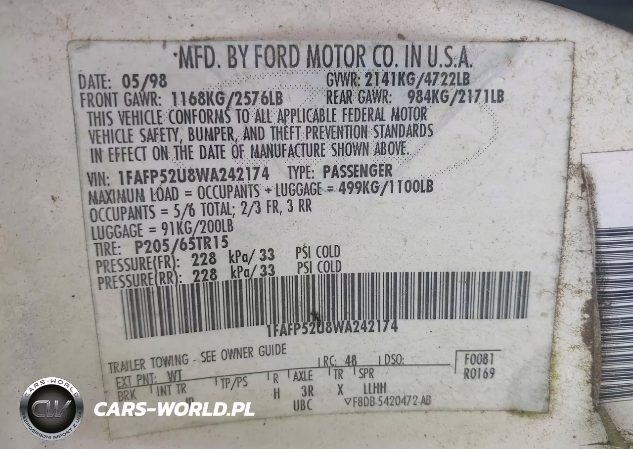 1998 Ford Taurus Lx-Se VIN:1FAFP52U8WA242174 - 9