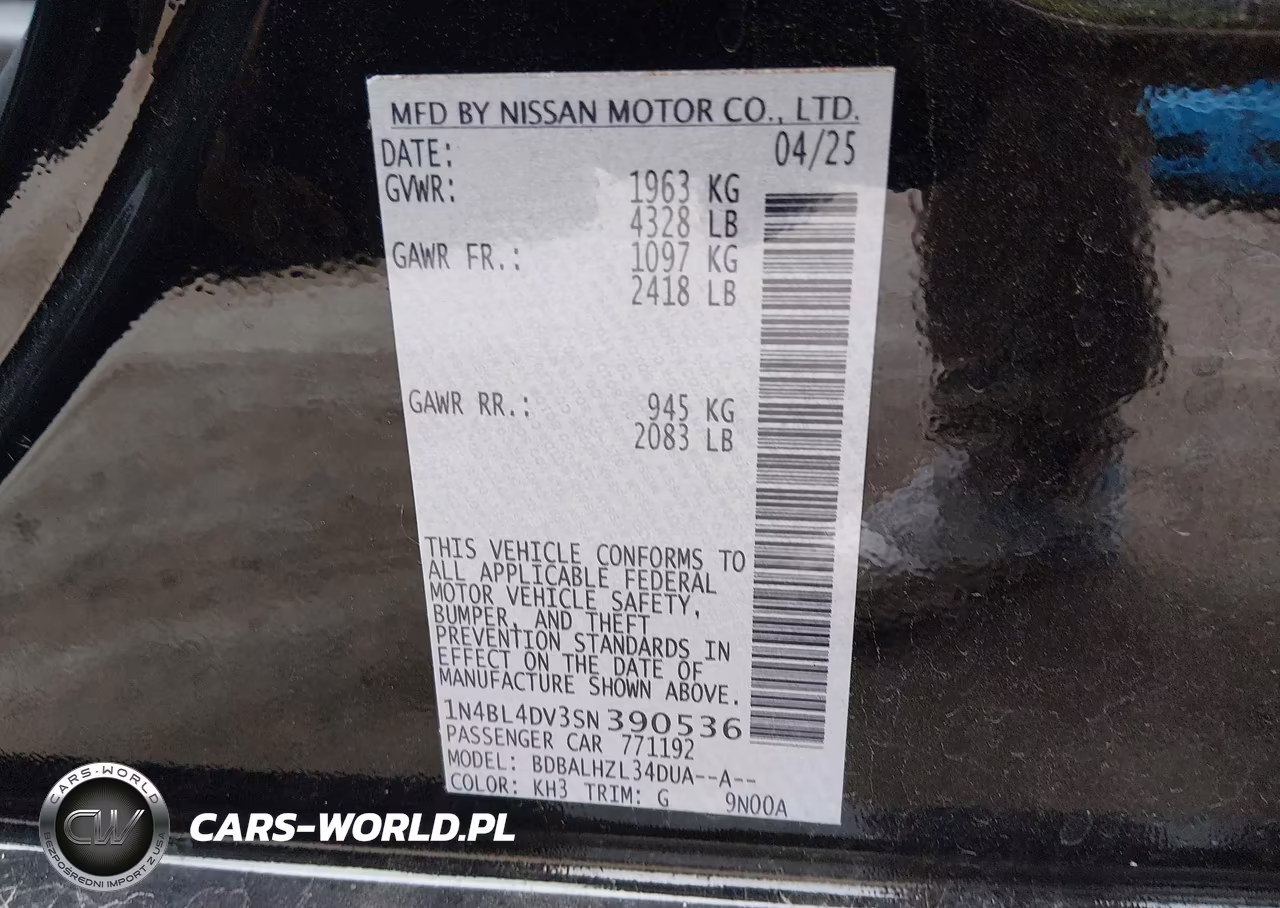 2025 Nissan Altima Sv Fwd VIN:1N4BL4DV3SN390536 - 9