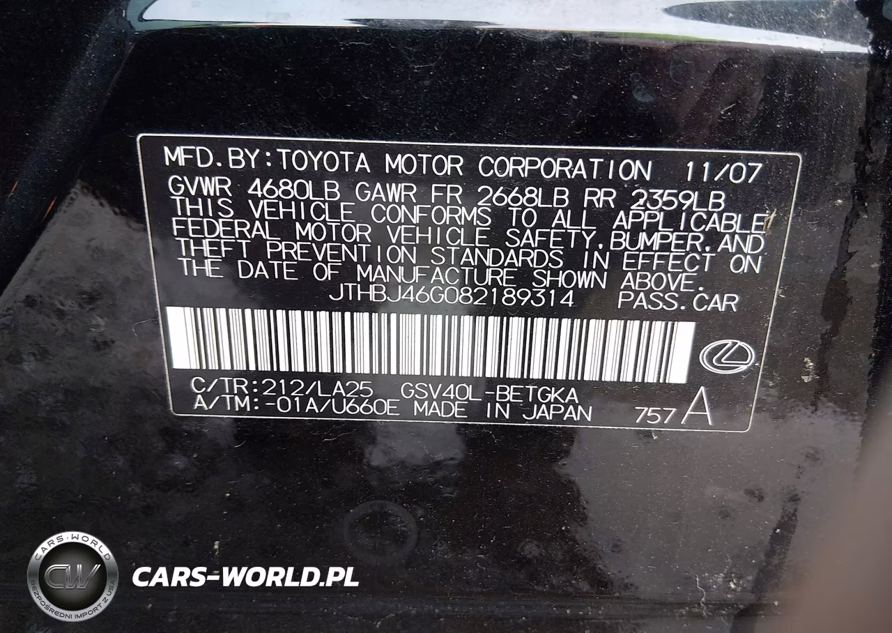 2008 Lexus Es 350 VIN:JTHBJ46G082189314 - 9