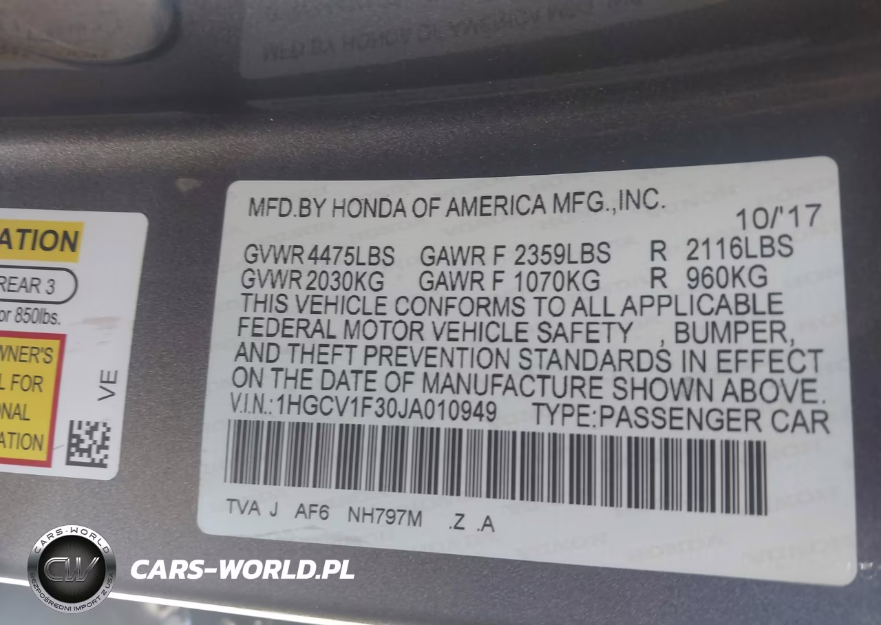 2018 Honda Accord Sport VIN:1HGCV1F30JA010949 - 9