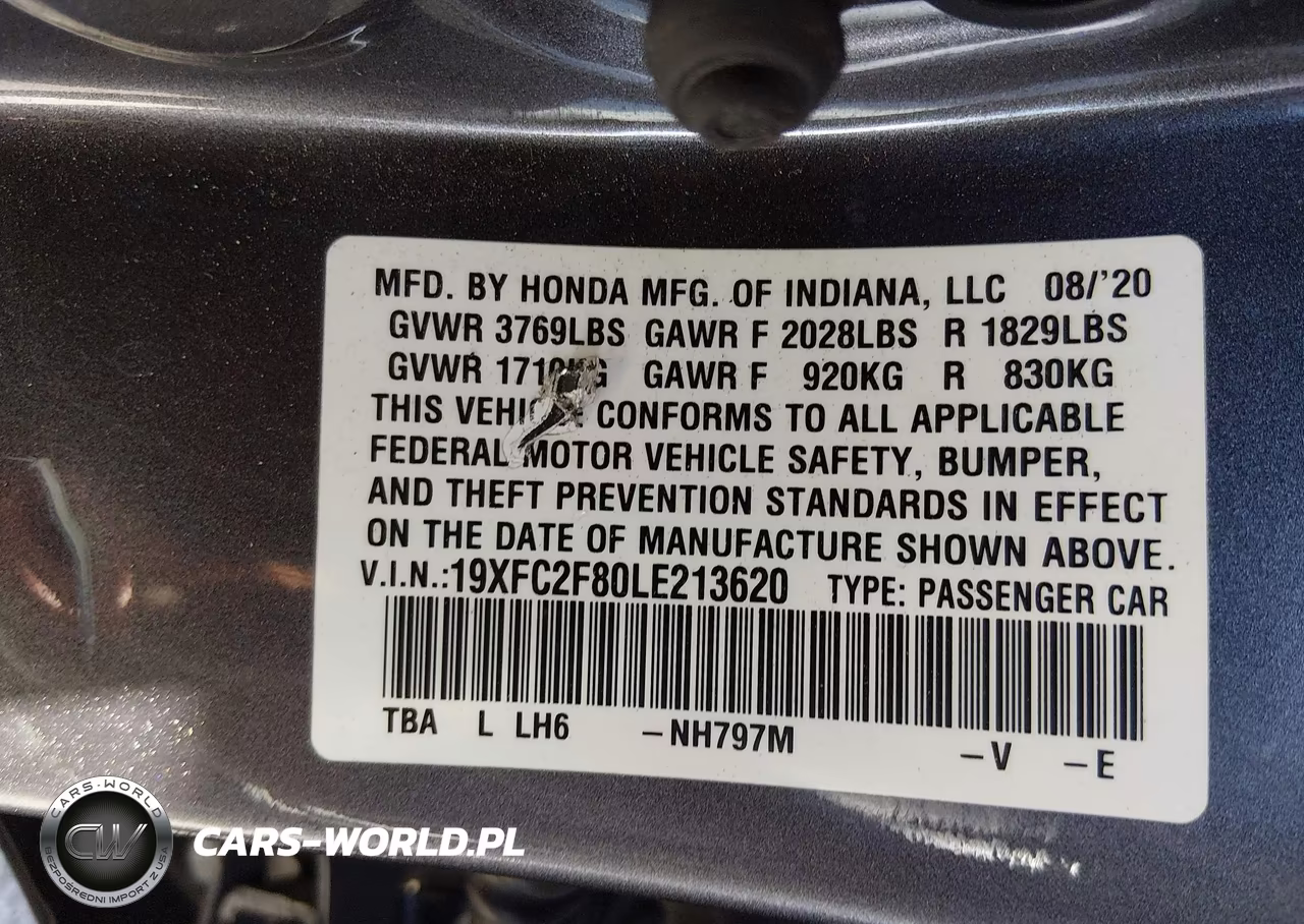 2020 Honda Civic Sport VIN:19XFC2F80LE213620 - 9