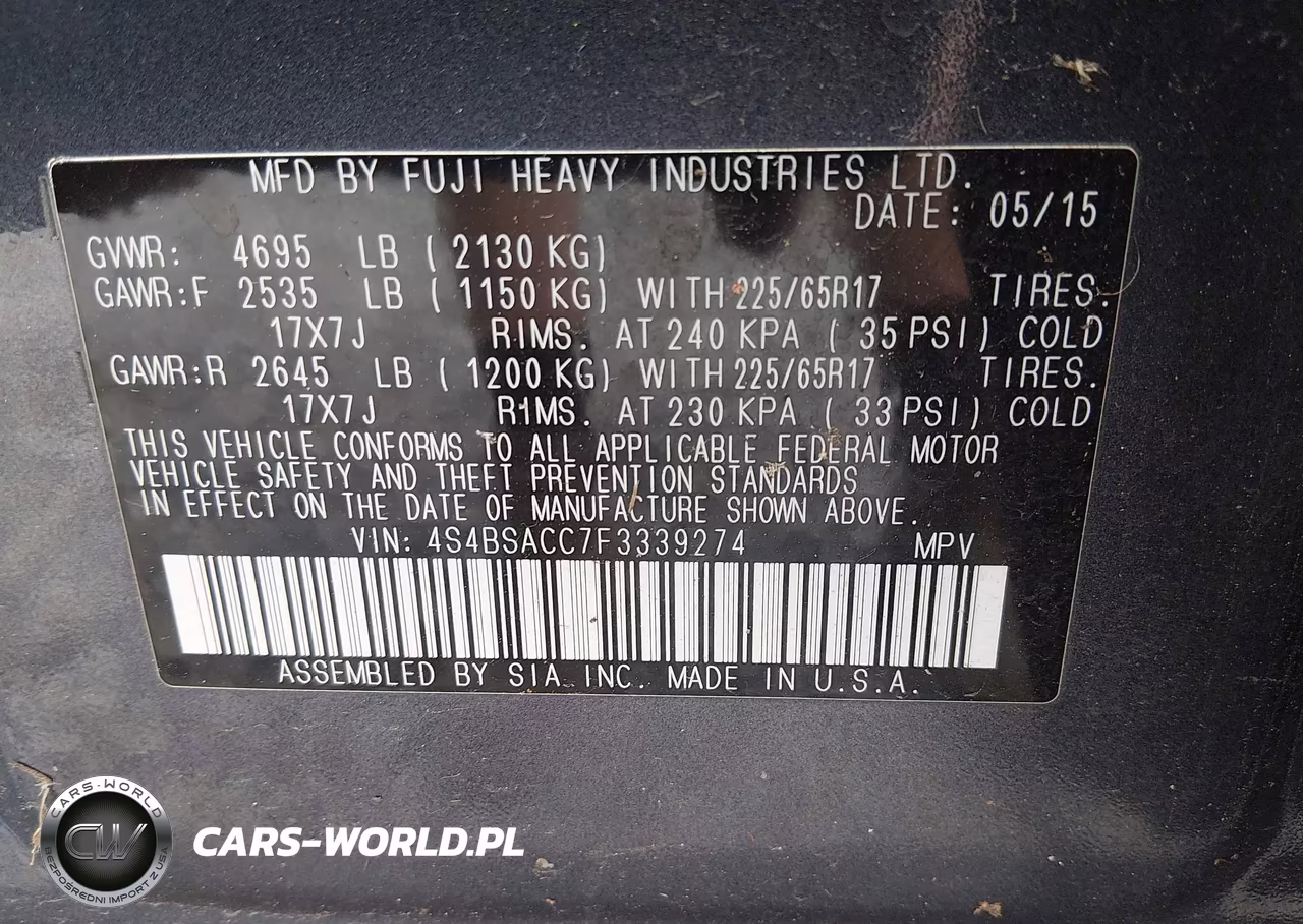 2015 Subaru Outback 2.5I Premium VIN:4S4BSACC7F3339274 - 9