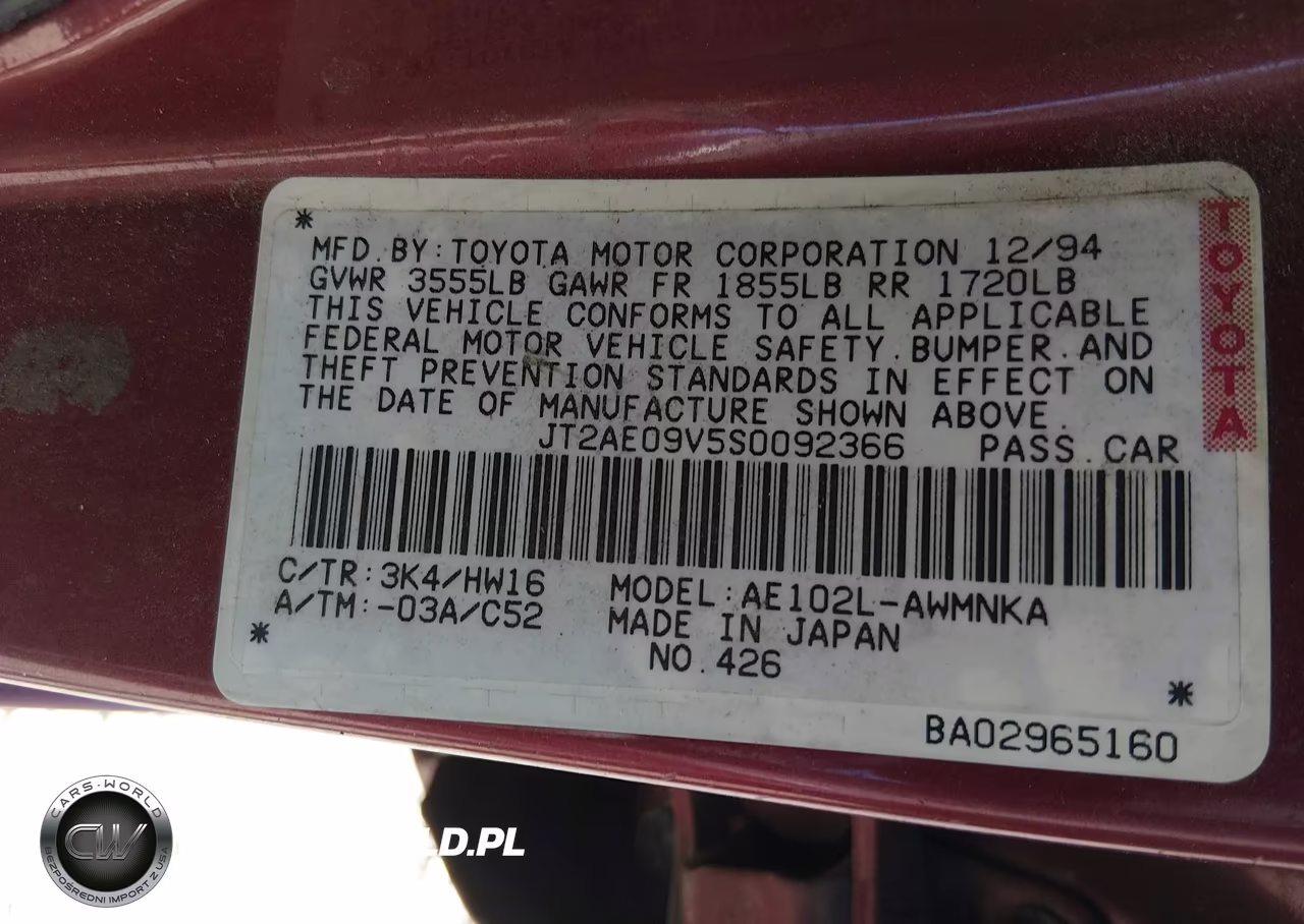 1995 Toyota Corolla Dx VIN:JT2AE09V5S0092366 - 9