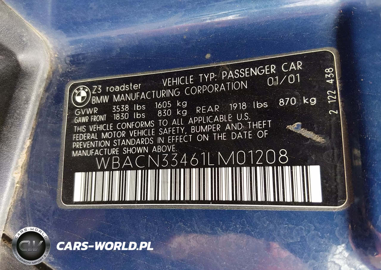 2001 BMW Z3 2.5I VIN:WBACN33461LM01208 - 9