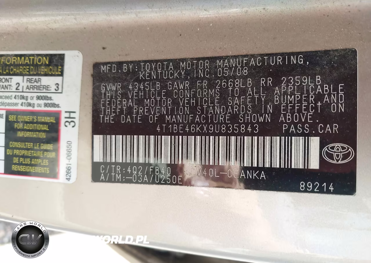 2009 Toyota Camry Le VIN:4T1BE46KX9U835843 - 9