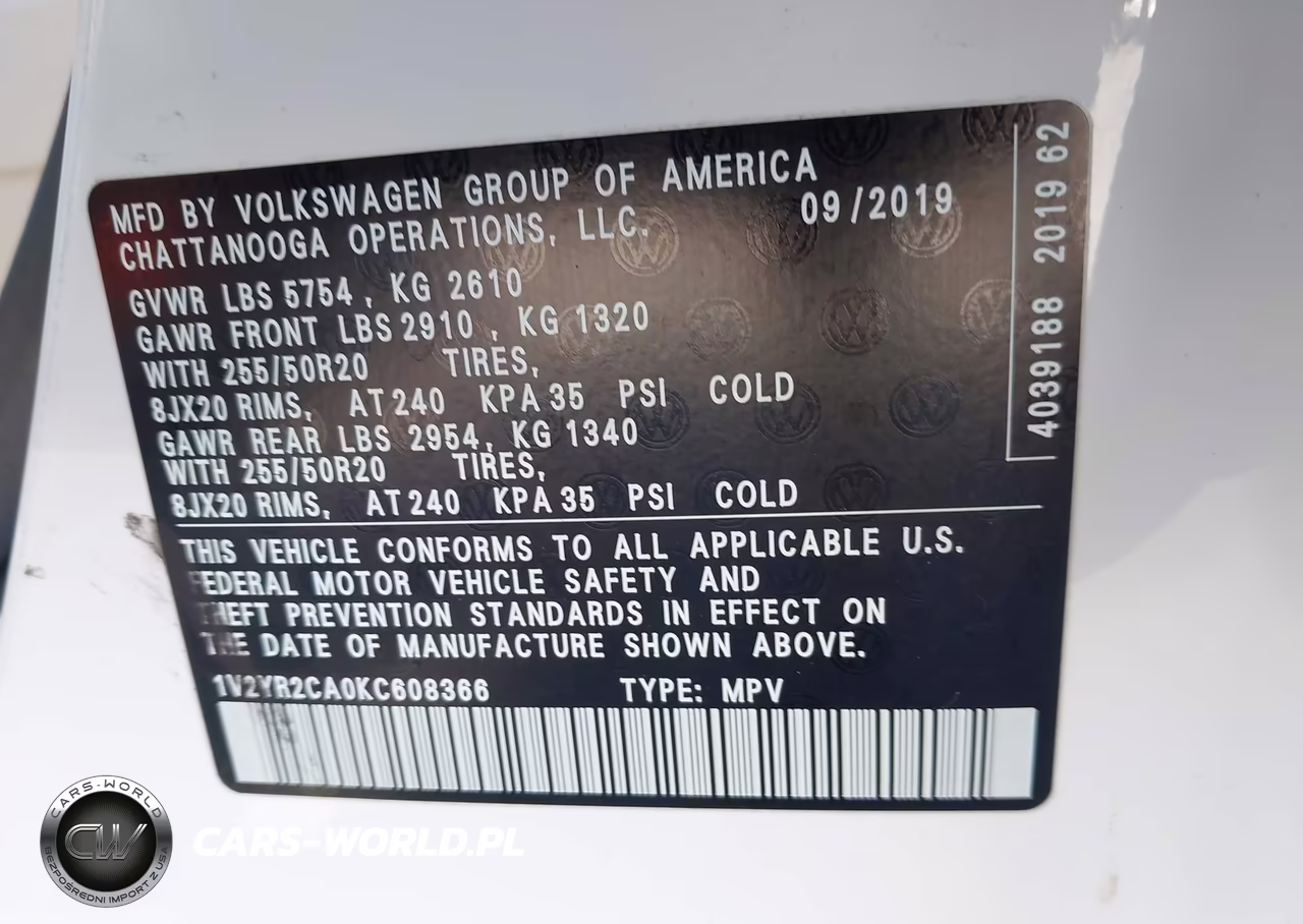 2019 Volkswagen Atlas 3.6L V6 Se W-Technology R-Line VIN:1V2YR2CA0KC608366 - 9
