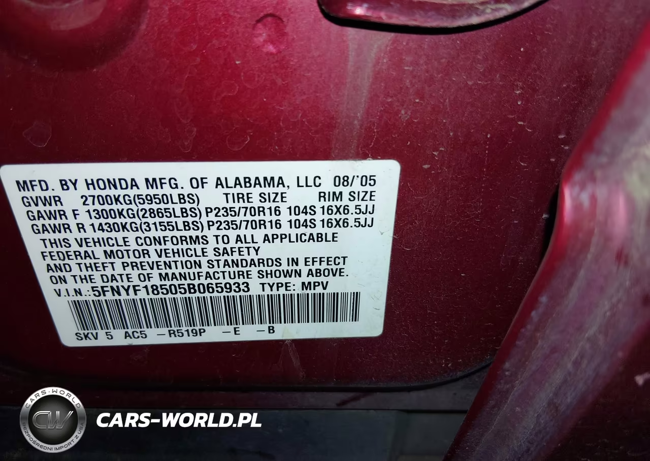 2005 Honda Pilot Ex-L VIN:5FNYF18505B065933 - 9