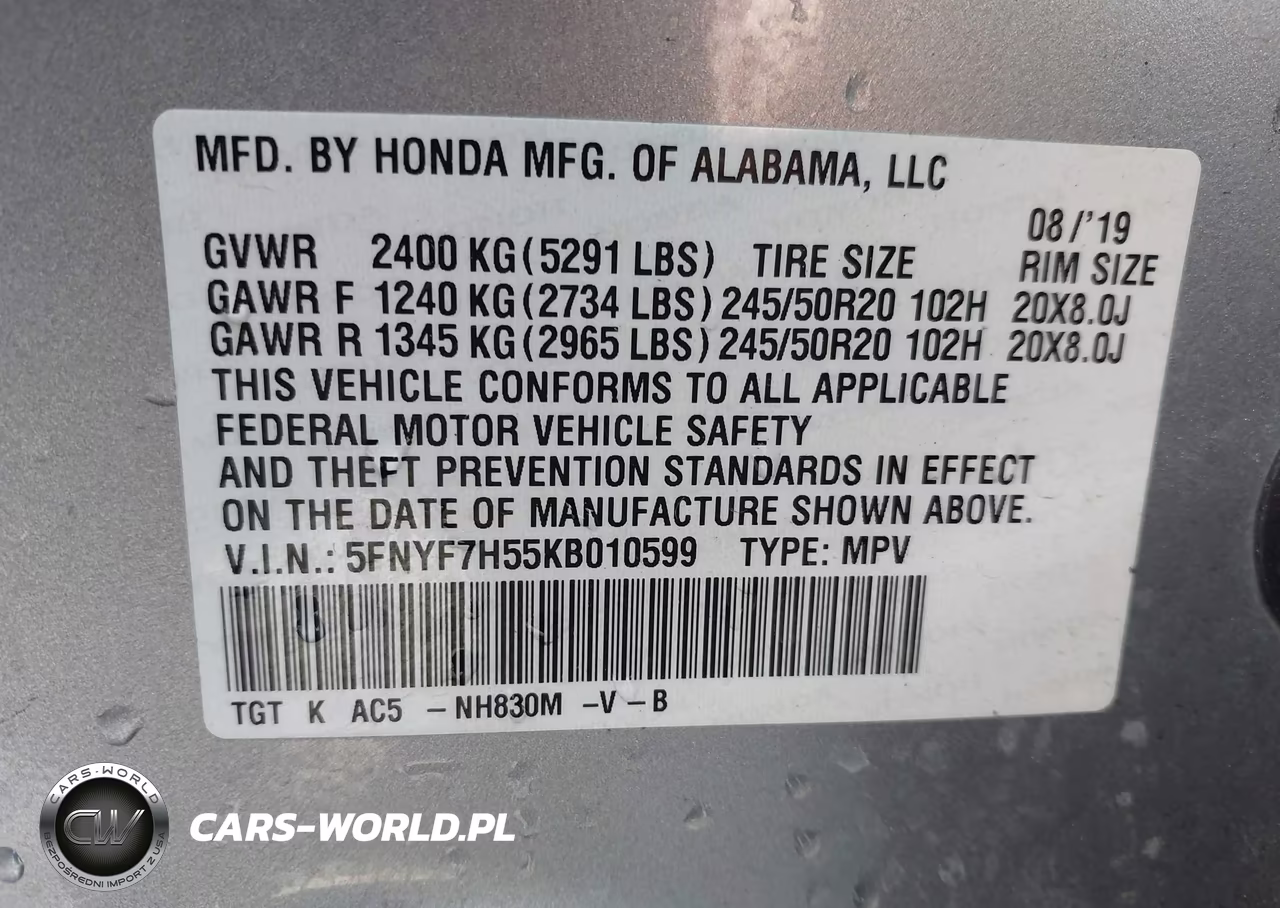 2019 Honda Passport Ex-L VIN:5FNYF7H55KB010599 - 9