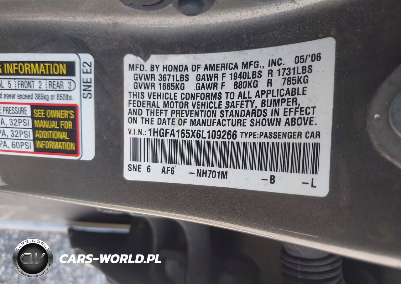 2006 Honda Civic Lx VIN:1HGFA165X6L109266 - 9