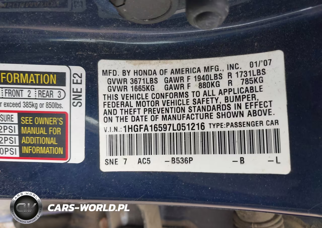 2007 Honda Civic Lx VIN:1HGFA16597L051216 - 9