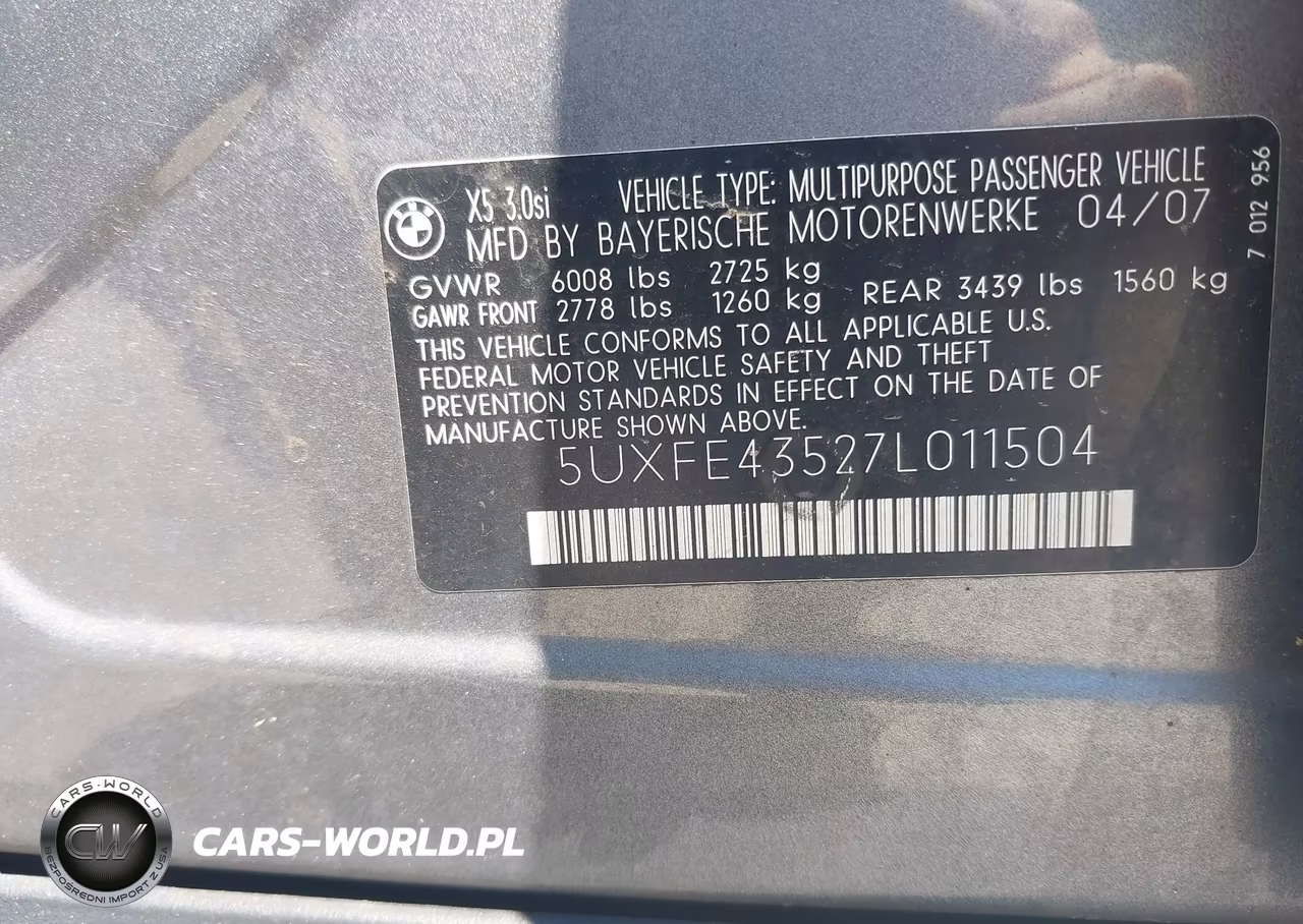 2007 BMW X5 3.0Si VIN:5UXFE43527L011504 - 9
