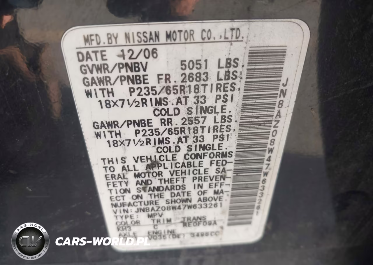 2007 Nissan Murano S VIN:JN8AZ08W47W633261 - 9